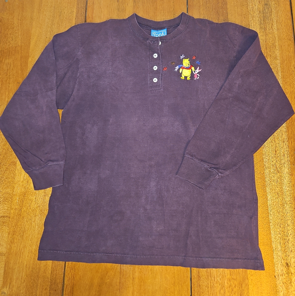 Disney Purple Long Sleeve Henley with Pooh & Piglet Embroidery Top